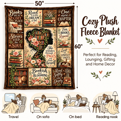 She Wanders Through Pages Book Lover Blanket 50"x60" – Vintage Floral Reading Gift for Women & Daughters