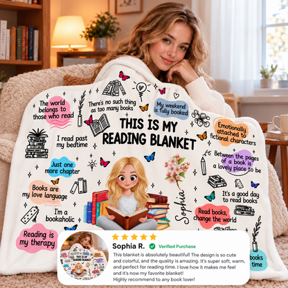 Cozy reading blanket with book-themed quotes and illustrations displayed by an older man relaxing beside a fireplace.