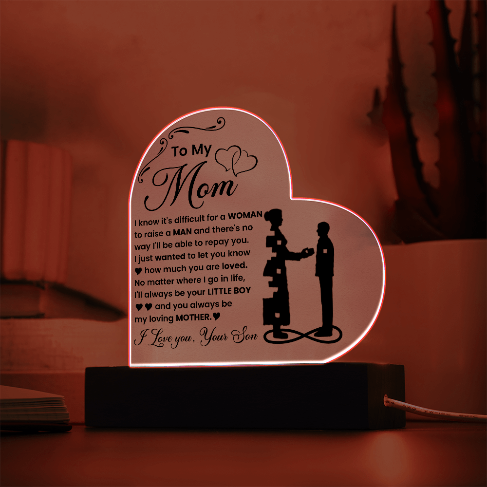 To My Mom - I Love you, Your Son - LED Acrylic Heart Plaque Gift Set