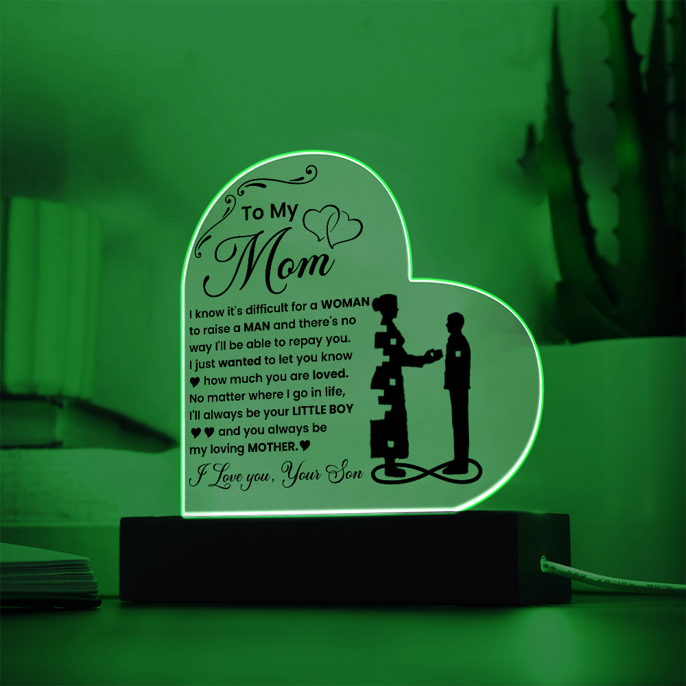 To My Mom - I Love you, Your Son - LED Acrylic Heart Plaque Gift Set