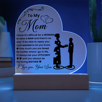 To My Mom - I Love you, Your Son - LED Acrylic Heart Plaque Gift Set