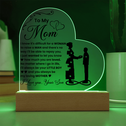 To My Mom - I Love you, Your Son - LED Acrylic Heart Plaque Gift Set