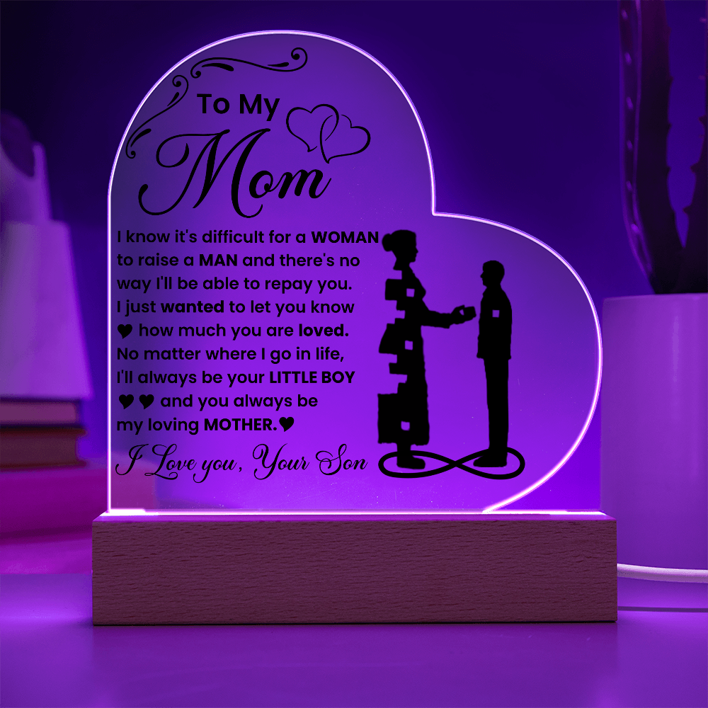 To My Mom - I Love you, Your Son - LED Acrylic Heart Plaque Gift Set