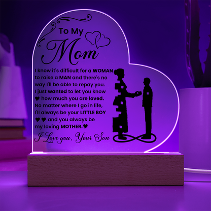To My Mom - I Love you, Your Son - LED Acrylic Heart Plaque Gift Set