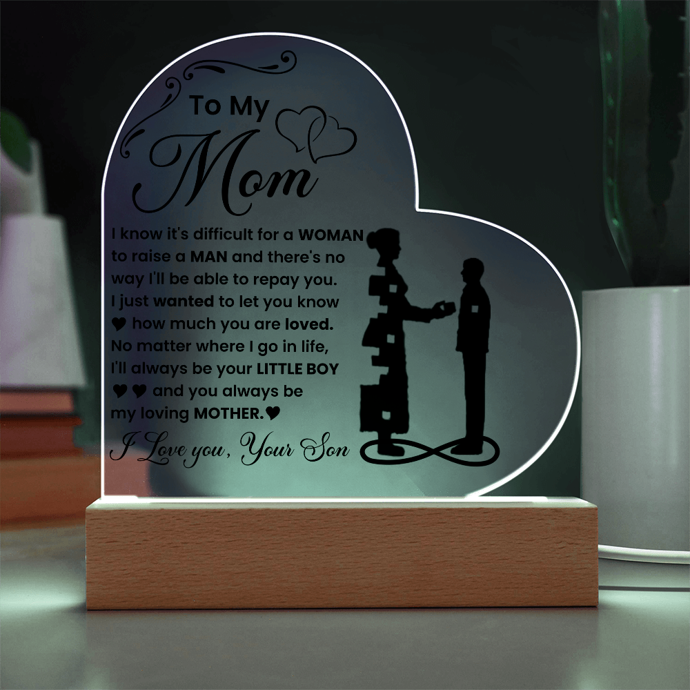 To My Mom - I Love you, Your Son - LED Acrylic Heart Plaque Gift Set