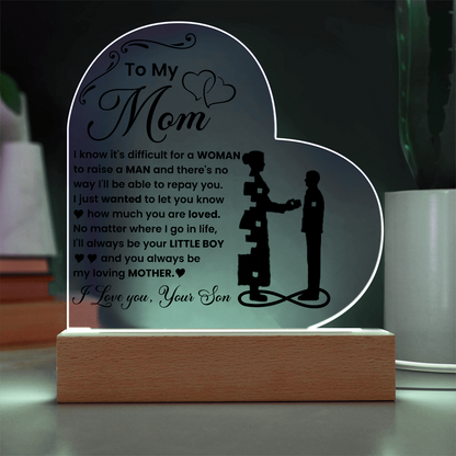 To My Mom - I Love you, Your Son - LED Acrylic Heart Plaque Gift Set