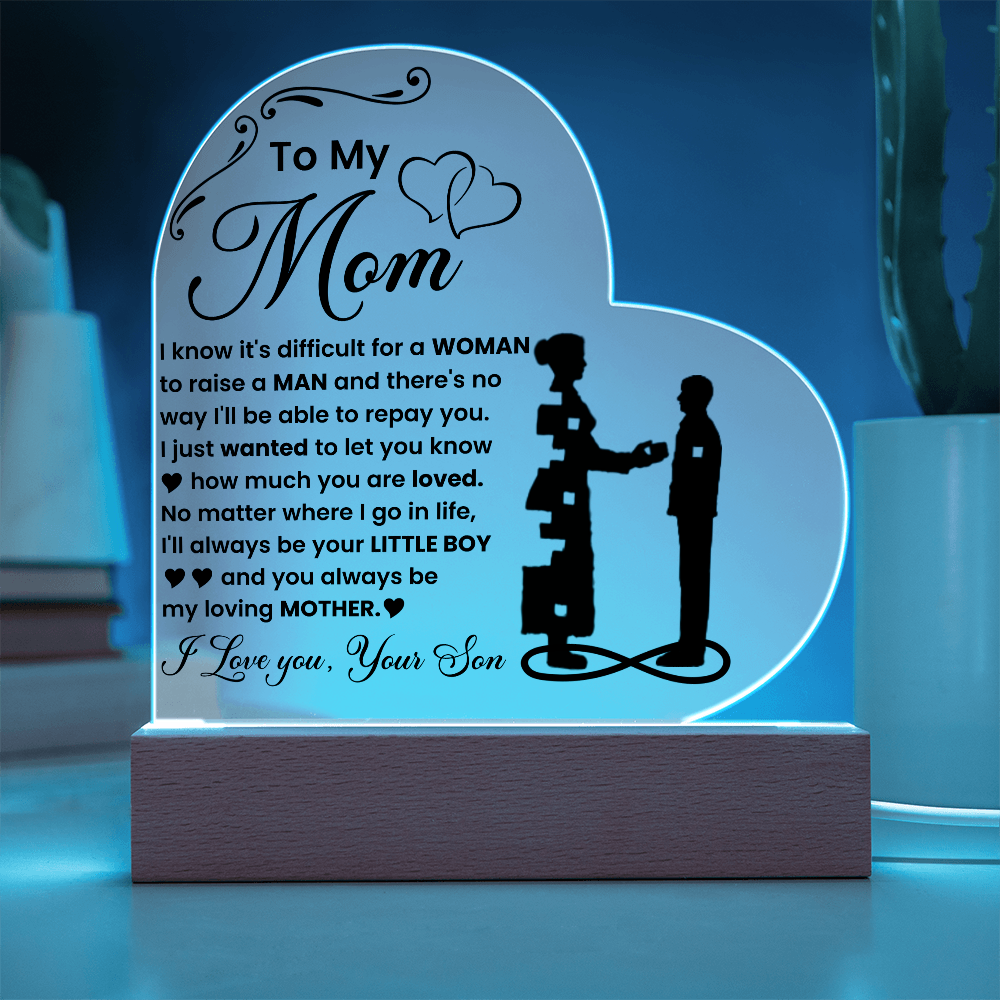 To My Mom - I Love you, Your Son - LED Acrylic Heart Plaque Gift Set