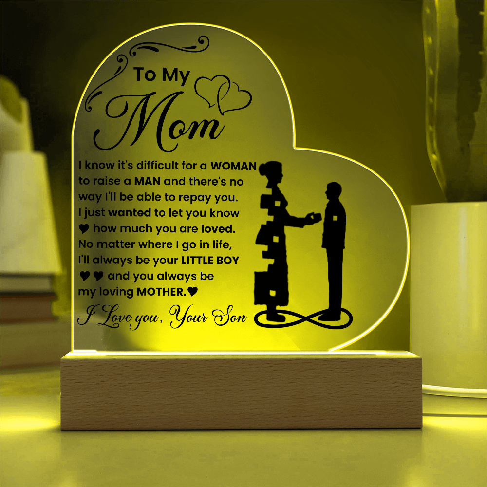 To My Mom - I Love you, Your Son - LED Acrylic Heart Plaque Gift Set