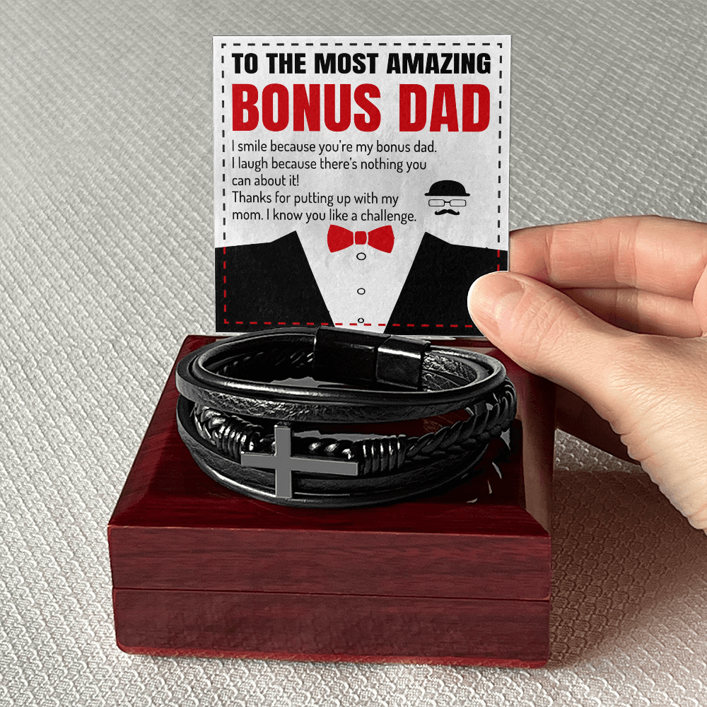 To The Most Amazing Bonus Dad - Men's Cross Bracelet Gift Set
