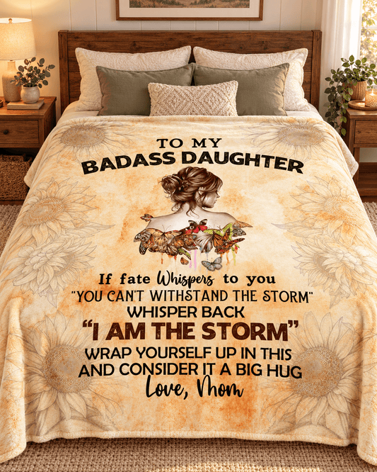 To My Badass Daughter Cozy Plush Fleece Blanket 60"x80" – You Are Stronger Than Any Storm 🦋🌻