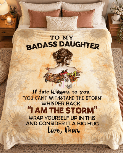 To My Badass Daughter Cozy Plush Fleece Blanket 60"x80" – You Are Stronger Than Any Storm 🦋🌻