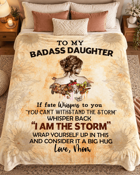 To My Badass Daughter Cozy Plush Fleece Blanket 60"x80" – You Are Stronger Than Any Storm 🦋🌻