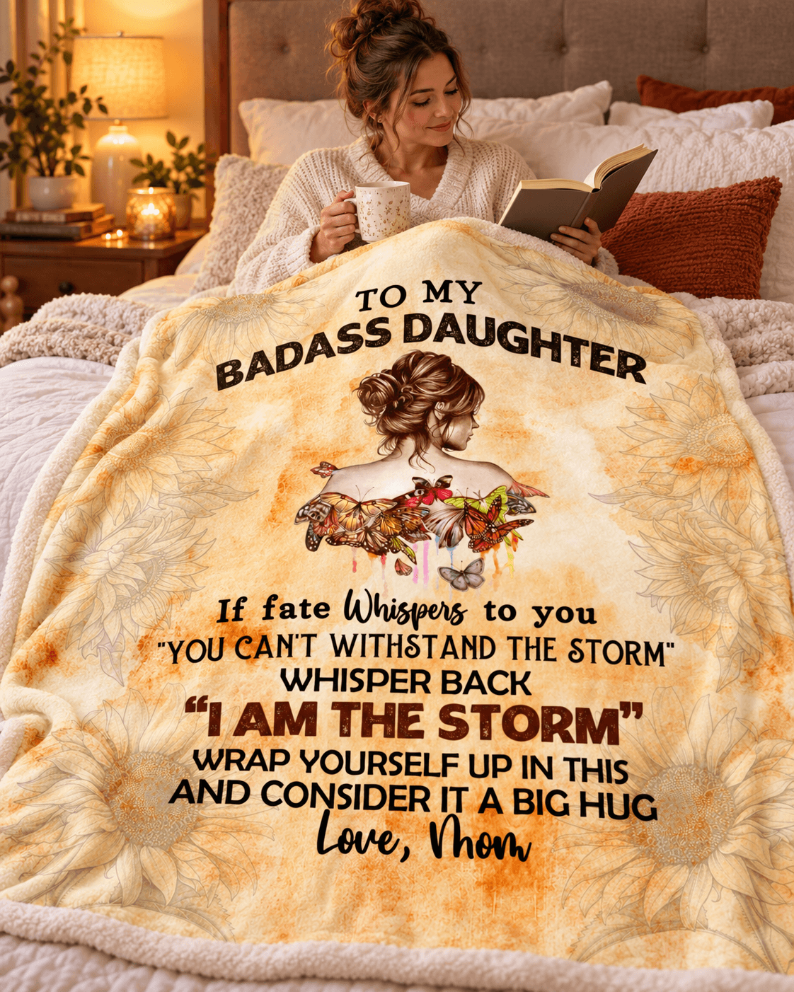 To My Badass Daughter Cozy Plush Fleece Blanket 60"x80" – You Are Stronger Than Any Storm 🦋🌻