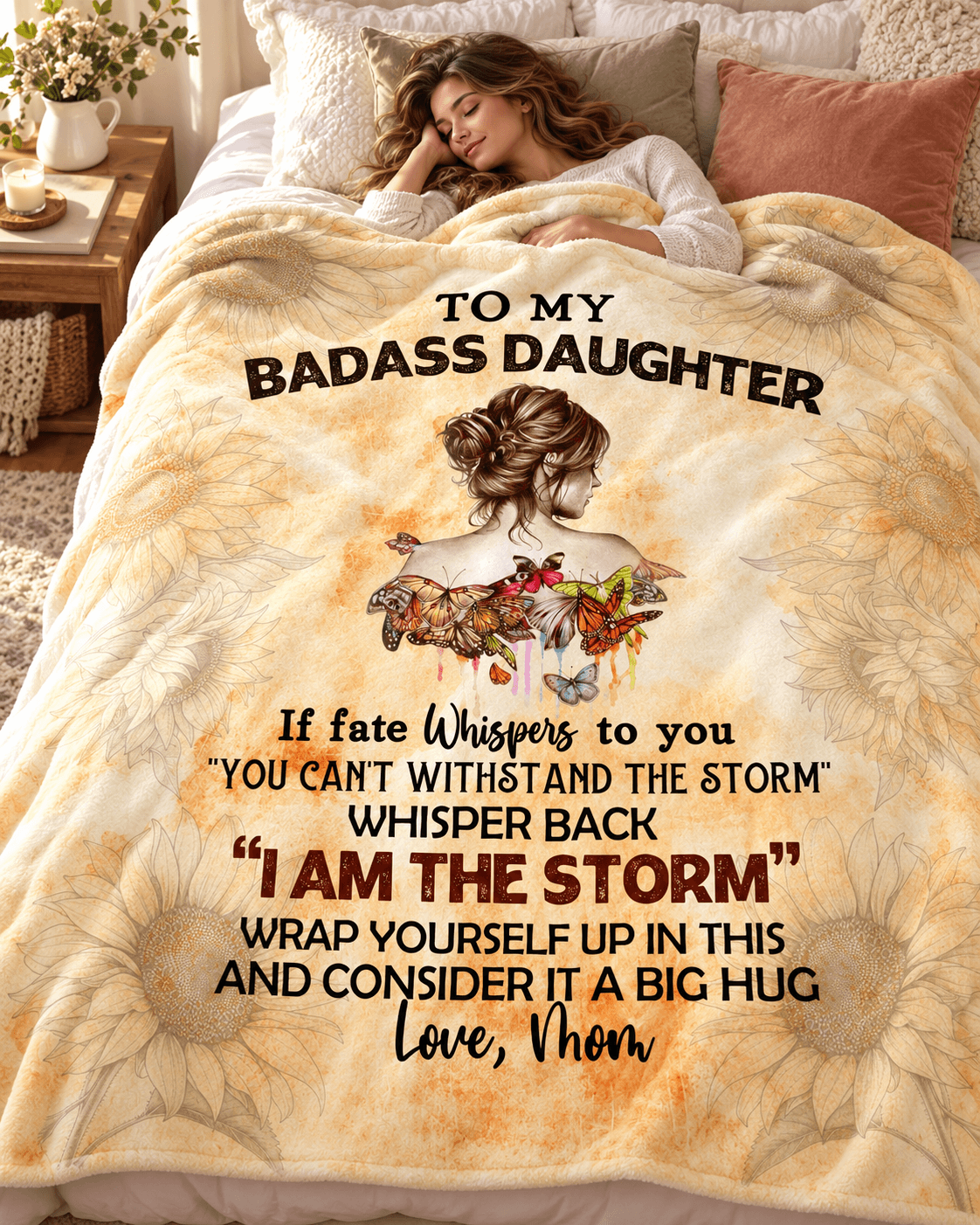 To My Badass Daughter Cozy Plush Fleece Blanket 60"x80" – You Are Stronger Than Any Storm 🦋🌻