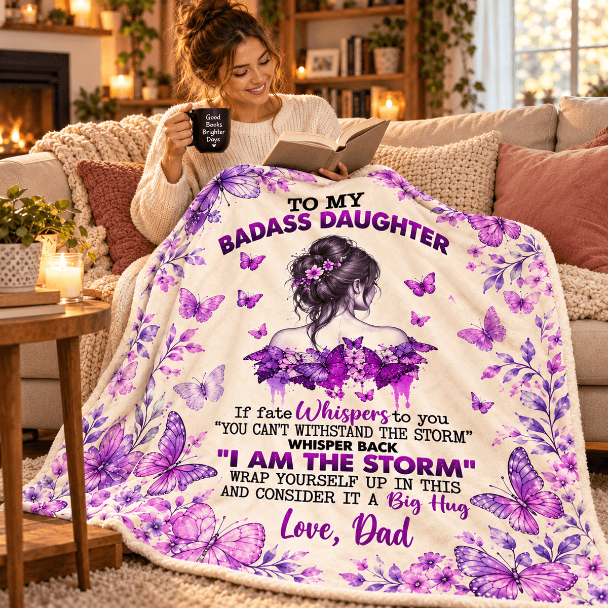To My Badass Daughter I Am the Storm Blanket – Inspirational Purple Butterfly Cozy Plush Fleece Gift from Dad