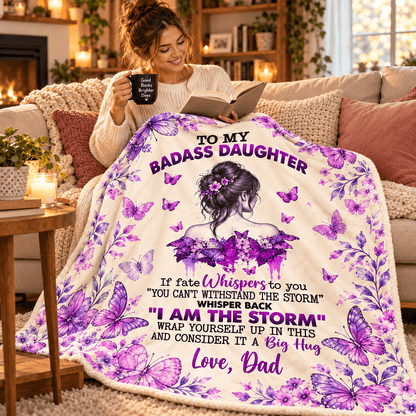 To My Badass Daughter I Am the Storm Blanket – Inspirational Purple Butterfly Cozy Plush Fleece Gift from Dad