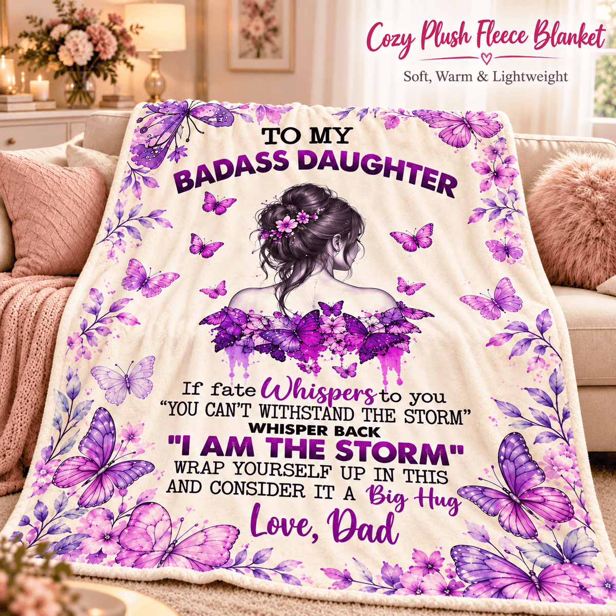 To My Badass Daughter I Am the Storm Blanket – Inspirational Purple Butterfly Cozy Plush Fleece Gift from Dad