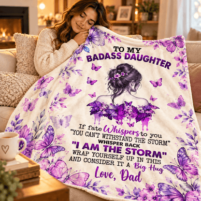 To My Badass Daughter I Am the Storm Blanket – Inspirational Purple Butterfly Cozy Plush Fleece Gift from Dad