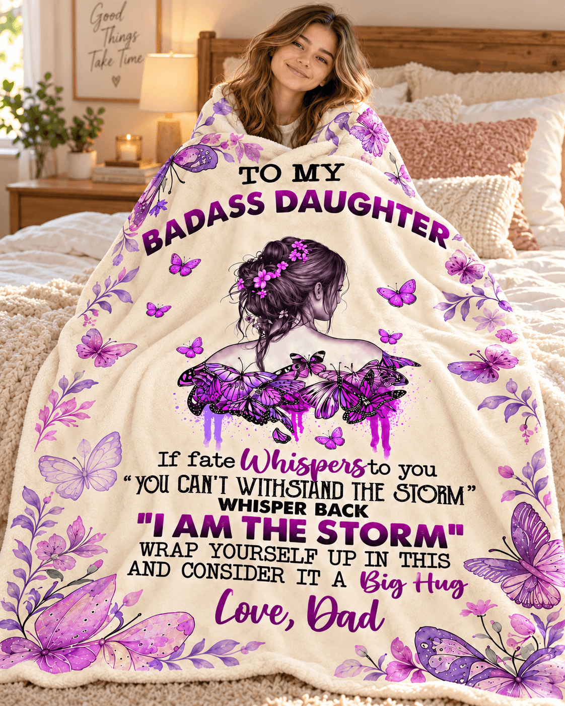 To My Badass Daughter I Am the Storm Blanket – Inspirational Purple Butterfly Cozy Plush Fleece Gift from Dad