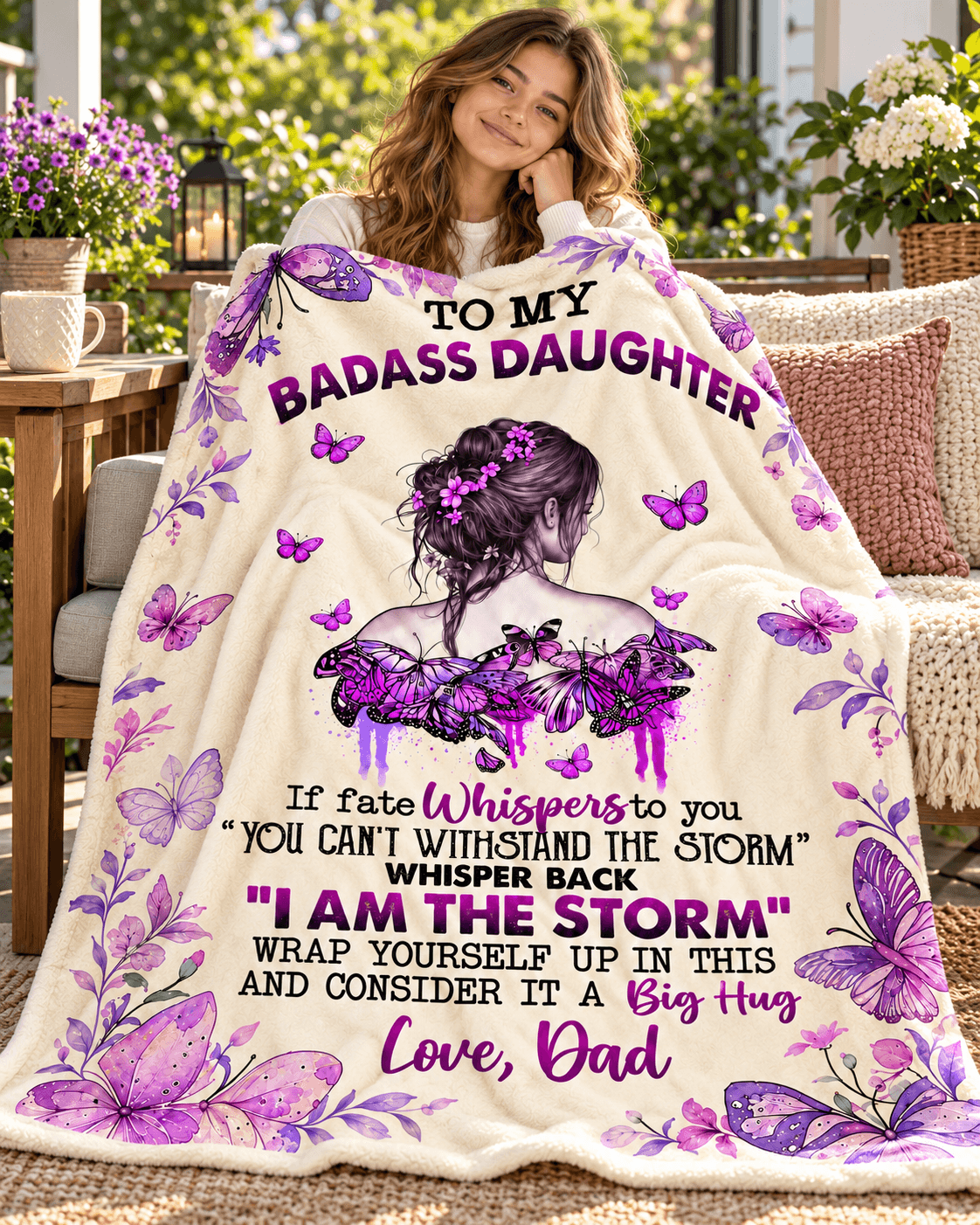 To My Badass Daughter I Am the Storm Blanket – Inspirational Purple Butterfly Cozy Plush Fleece Gift from Dad