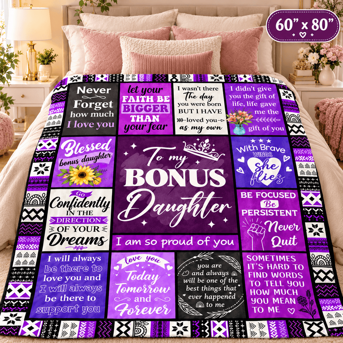 To My Bonus Daughter Blanket – I Love You as My Own Purple Patchwork Cozy Plush Fleece Gift from Stepmom or Stepdad