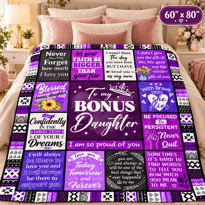 To My Bonus Daughter Blanket – I Love You as My Own Purple Patchwork Cozy Plush Fleece Gift from Stepmom or Stepdad