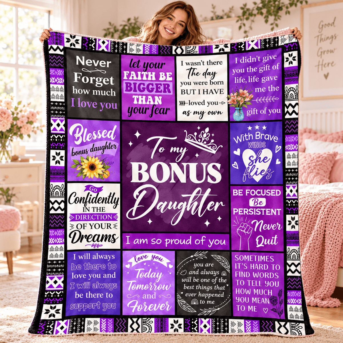 To My Bonus Daughter Blanket – I Love You as My Own Purple Patchwork Cozy Plush Fleece Gift from Stepmom or Stepdad
