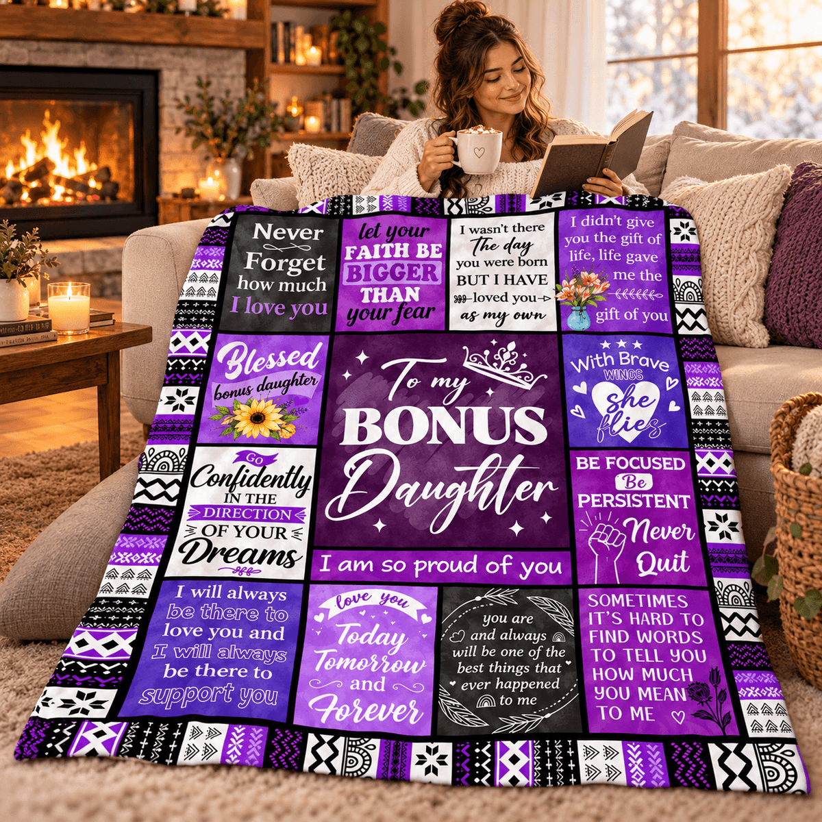 To My Bonus Daughter Blanket – I Love You as My Own Purple Patchwork Cozy Plush Fleece Gift from Stepmom or Stepdad
