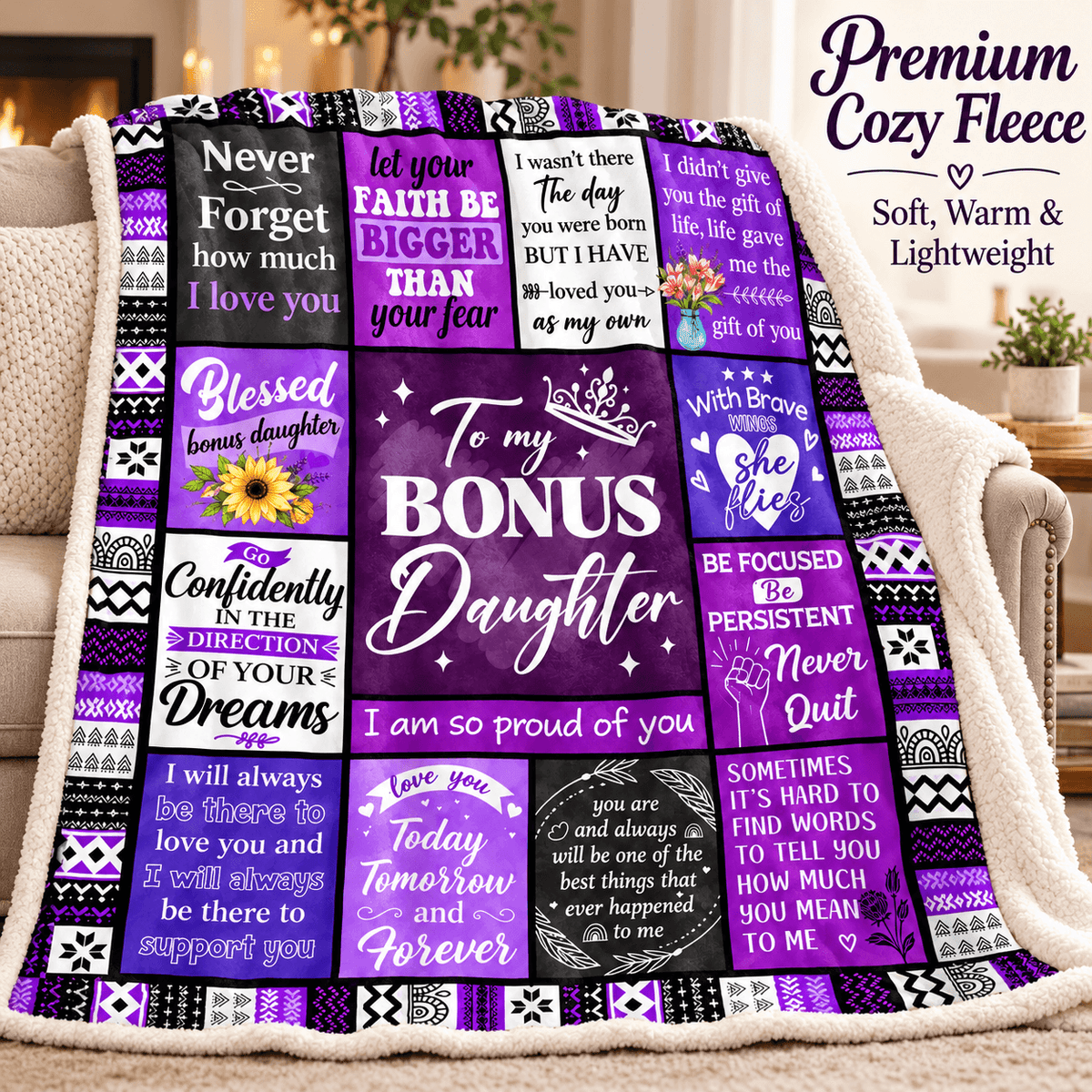 To My Bonus Daughter Blanket – I Love You as My Own Purple Patchwork Cozy Plush Fleece Gift from Stepmom or Stepdad