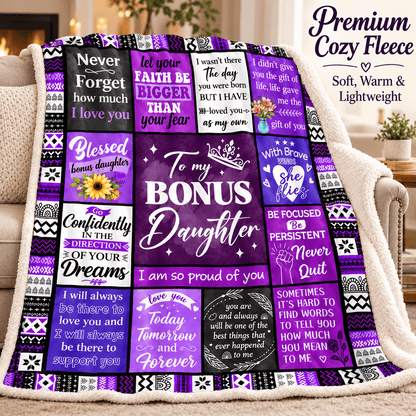 To My Bonus Daughter Blanket – I Love You as My Own Purple Patchwork Cozy Plush Fleece Gift from Stepmom or Stepdad