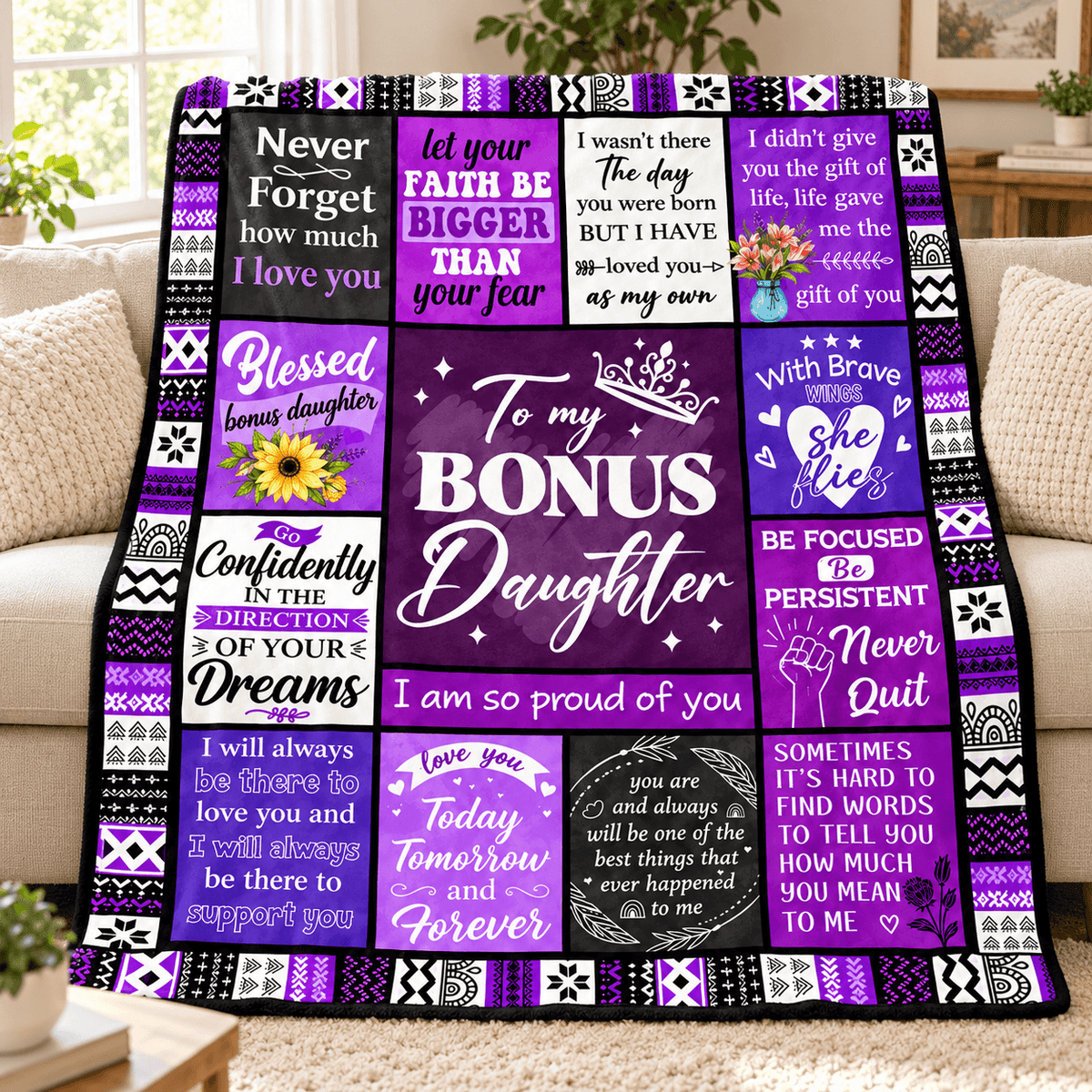 To My Bonus Daughter Blanket – I Love You as My Own Purple Patchwork Cozy Plush Fleece Gift from Stepmom or Stepdad