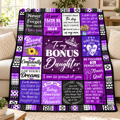 To My Bonus Daughter Blanket – I Love You as My Own Purple Patchwork Cozy Plush Fleece Gift from Stepmom or Stepdad
