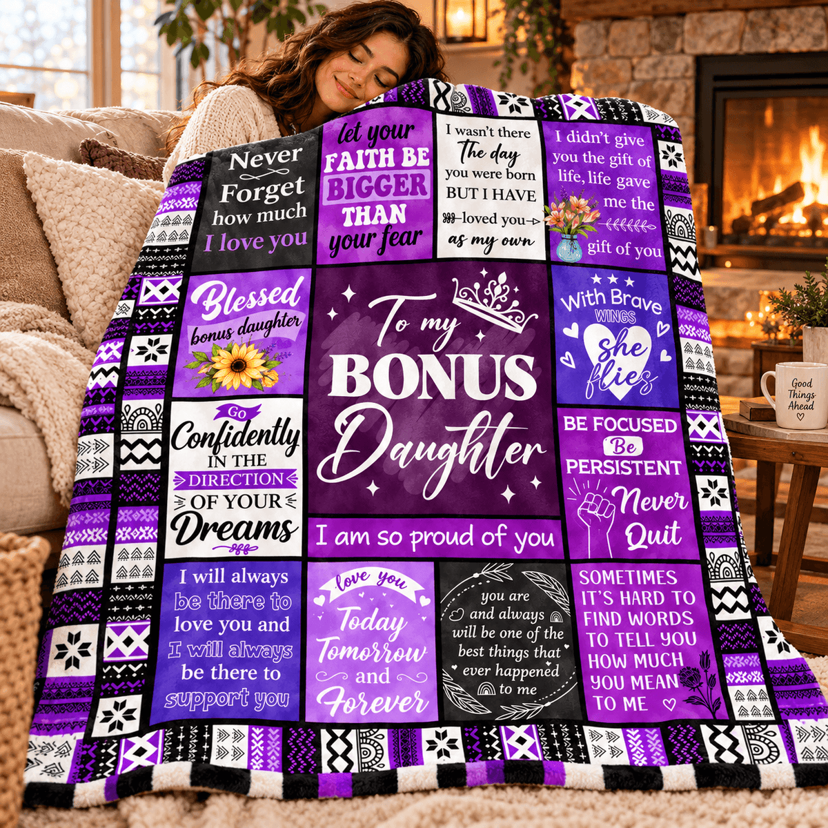 To My Bonus Daughter Blanket – I Love You as My Own Purple Patchwork Cozy Plush Fleece Gift from Stepmom or Stepdad