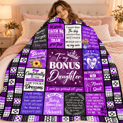 To My Bonus Daughter Blanket – I Love You as My Own Purple Patchwork Cozy Plush Fleece Gift from Stepmom or Stepdad