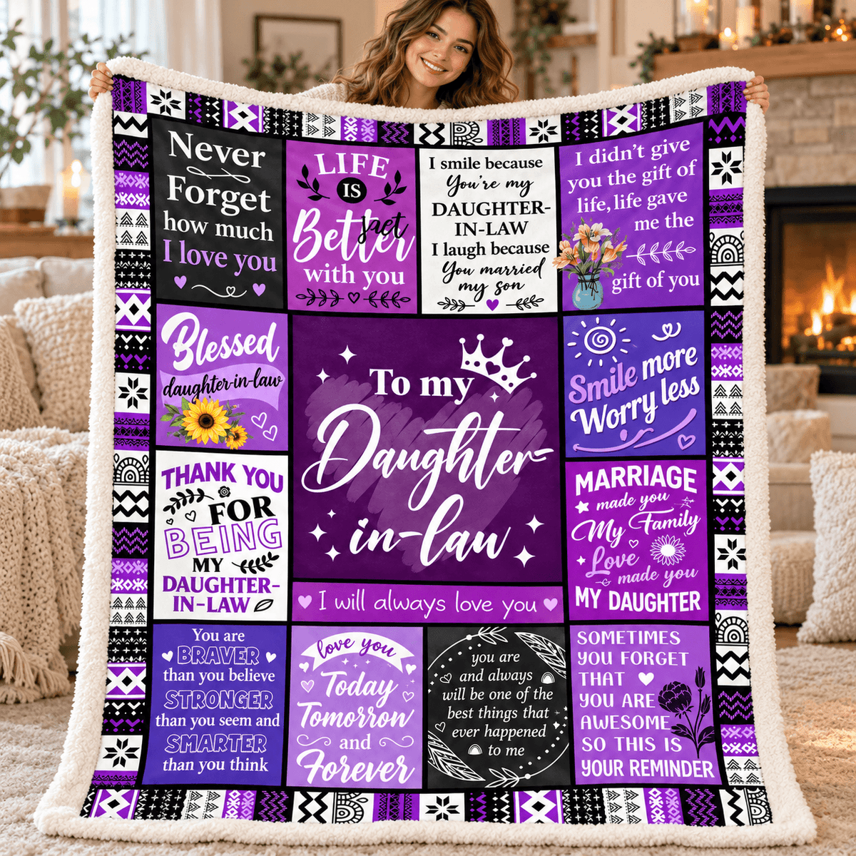 To My Daughter-in-Law Blanket – Marriage Made You Family Purple Patchwork Cozy Plush Fleece Gift from Mother-in-Law or Father-in-Law