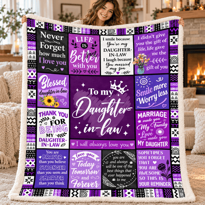 To My Daughter-in-Law Blanket – Marriage Made You Family Purple Patchwork Cozy Plush Fleece Gift from Mother-in-Law or Father-in-Law