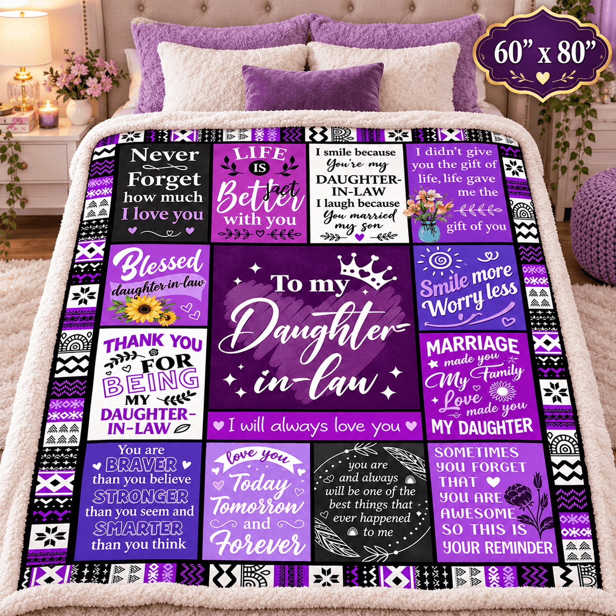 To My Daughter-in-Law Blanket – Marriage Made You Family Purple Patchwork Cozy Plush Fleece Gift from Mother-in-Law or Father-in-Law