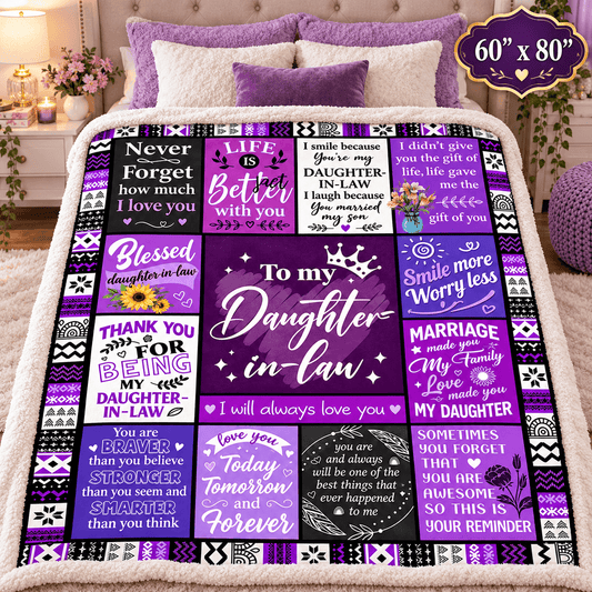 To My Daughter-in-Law Blanket – Marriage Made You Family Purple Patchwork Cozy Plush Fleece Gift from Mother-in-Law or Father-in-Law