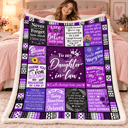 To My Daughter-in-Law Blanket – Marriage Made You Family Purple Patchwork Cozy Plush Fleece Gift from Mother-in-Law or Father-in-Law