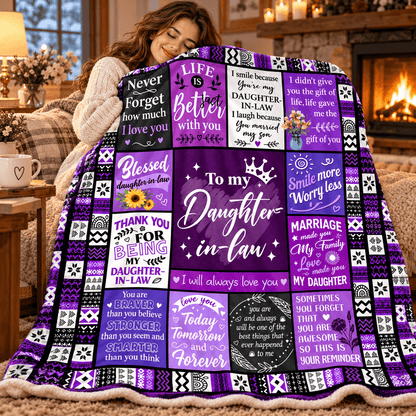 To My Daughter-in-Law Blanket – Marriage Made You Family Purple Patchwork Cozy Plush Fleece Gift from Mother-in-Law or Father-in-Law