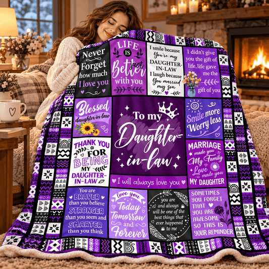 To My Daughter-in-Law Blanket – Marriage Made You Family Purple Patchwork Cozy Plush Fleece Gift from Mother-in-Law or Father-in-Law