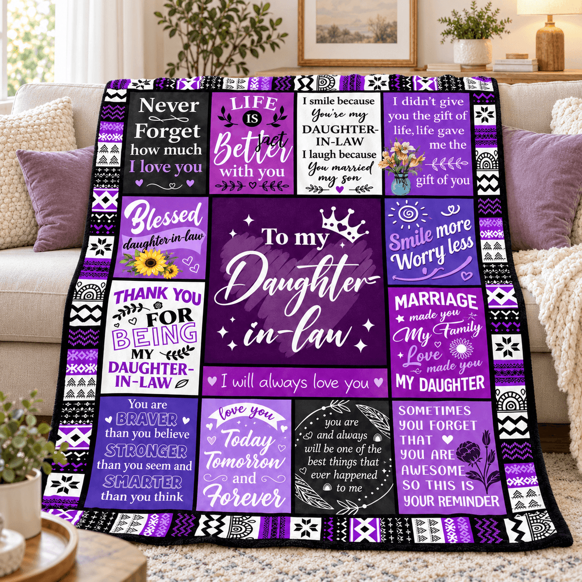 To My Daughter-in-Law Blanket – Marriage Made You Family Purple Patchwork Cozy Plush Fleece Gift from Mother-in-Law or Father-in-Law