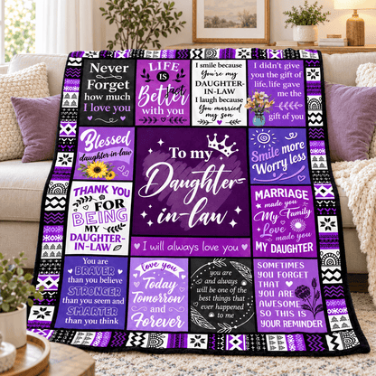 To My Daughter-in-Law Blanket – Marriage Made You Family Purple Patchwork Cozy Plush Fleece Gift from Mother-in-Law or Father-in-Law