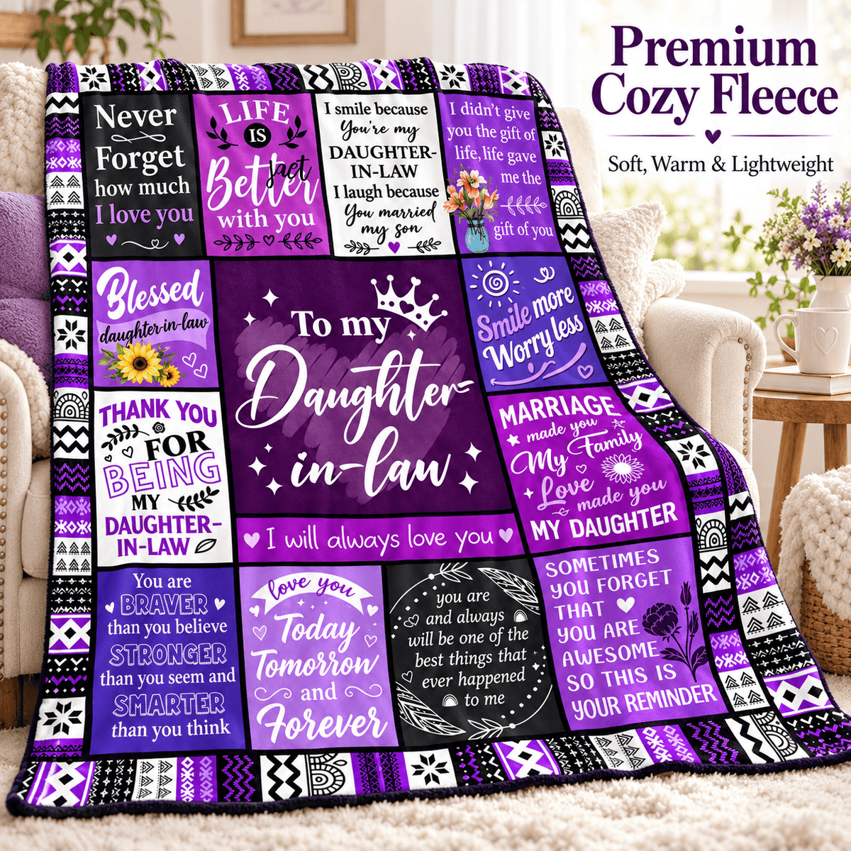 To My Daughter-in-Law Blanket – Marriage Made You Family Purple Patchwork Cozy Plush Fleece Gift from Mother-in-Law or Father-in-Law