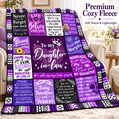 To My Daughter-in-Law Blanket – Marriage Made You Family Purple Patchwork Cozy Plush Fleece Gift from Mother-in-Law or Father-in-Law