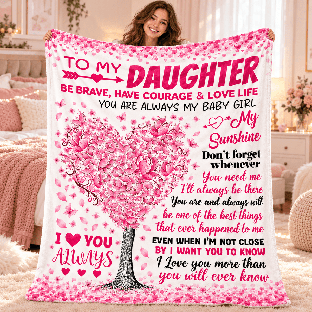 To My Daughter You'll Always Be My Baby Girl Blanket – Pink Heart Tree Cozy Plush Fleece Gift from Mom or Dad