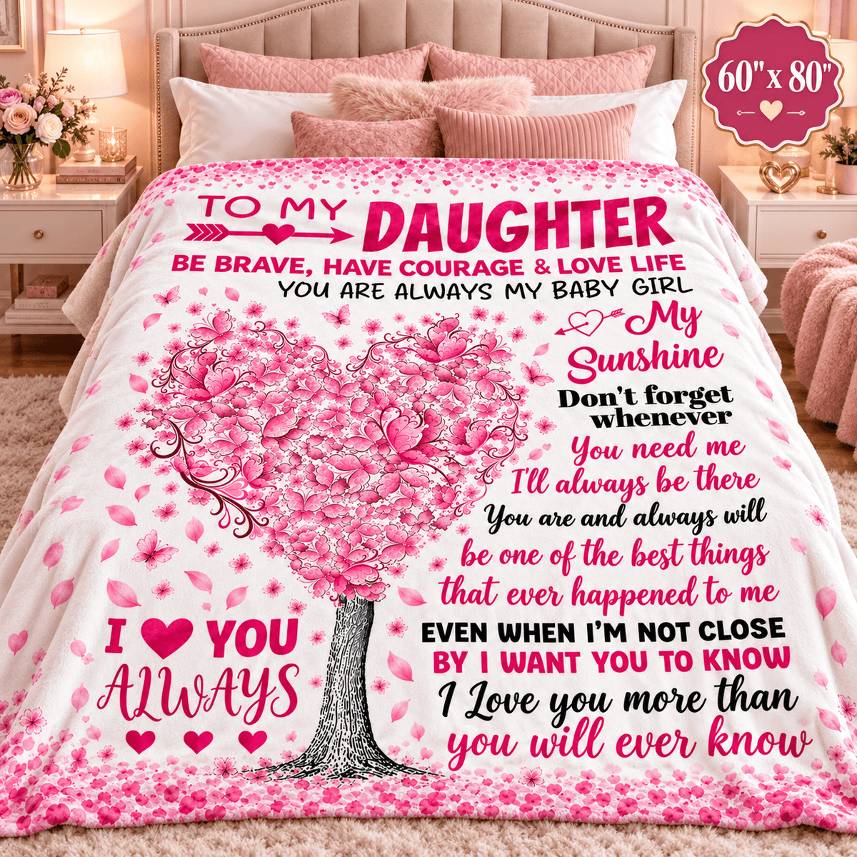 To My Daughter You'll Always Be My Baby Girl Blanket – Pink Heart Tree Cozy Plush Fleece Gift from Mom or Dad