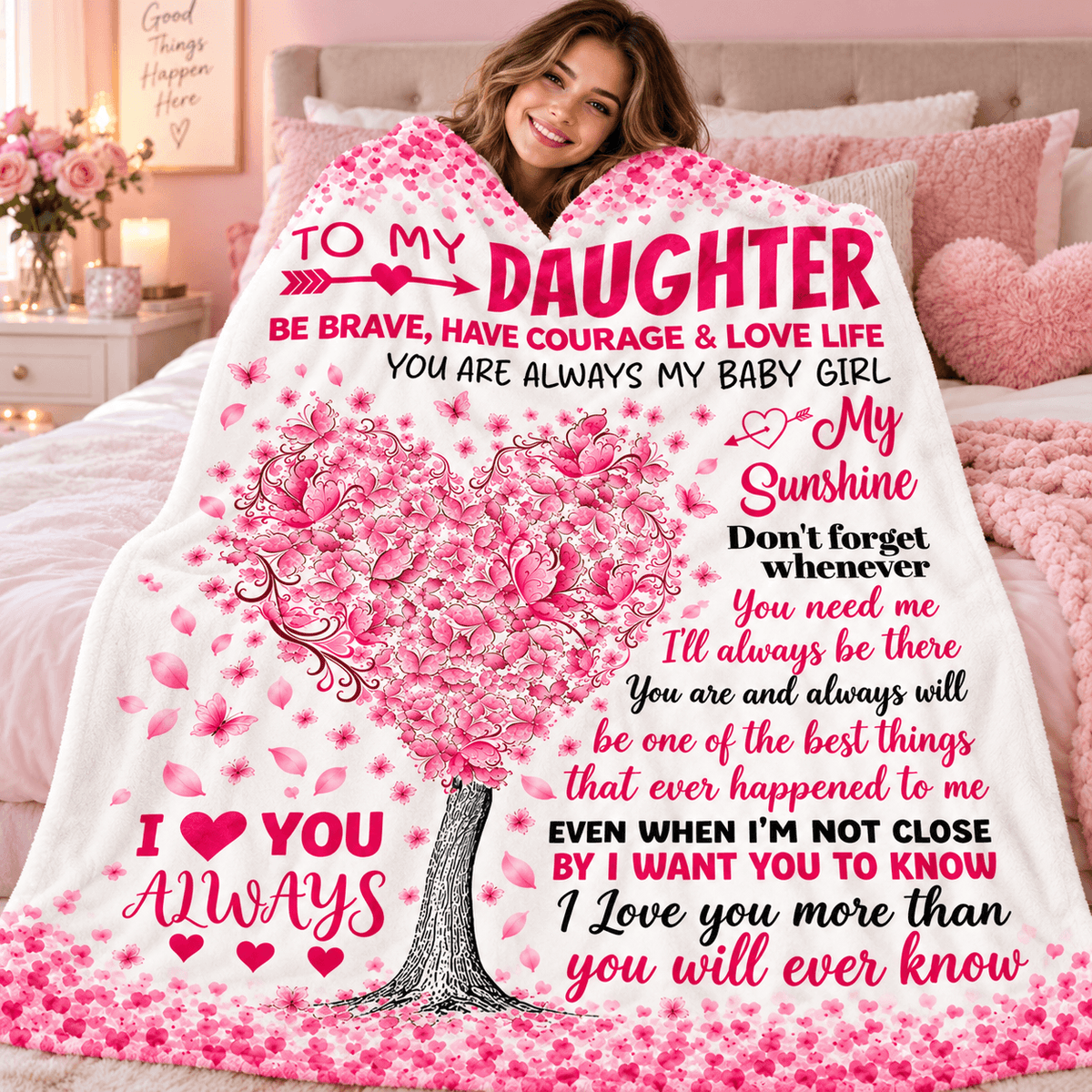 To My Daughter You'll Always Be My Baby Girl Blanket – Pink Heart Tree Cozy Plush Fleece Gift from Mom or Dad