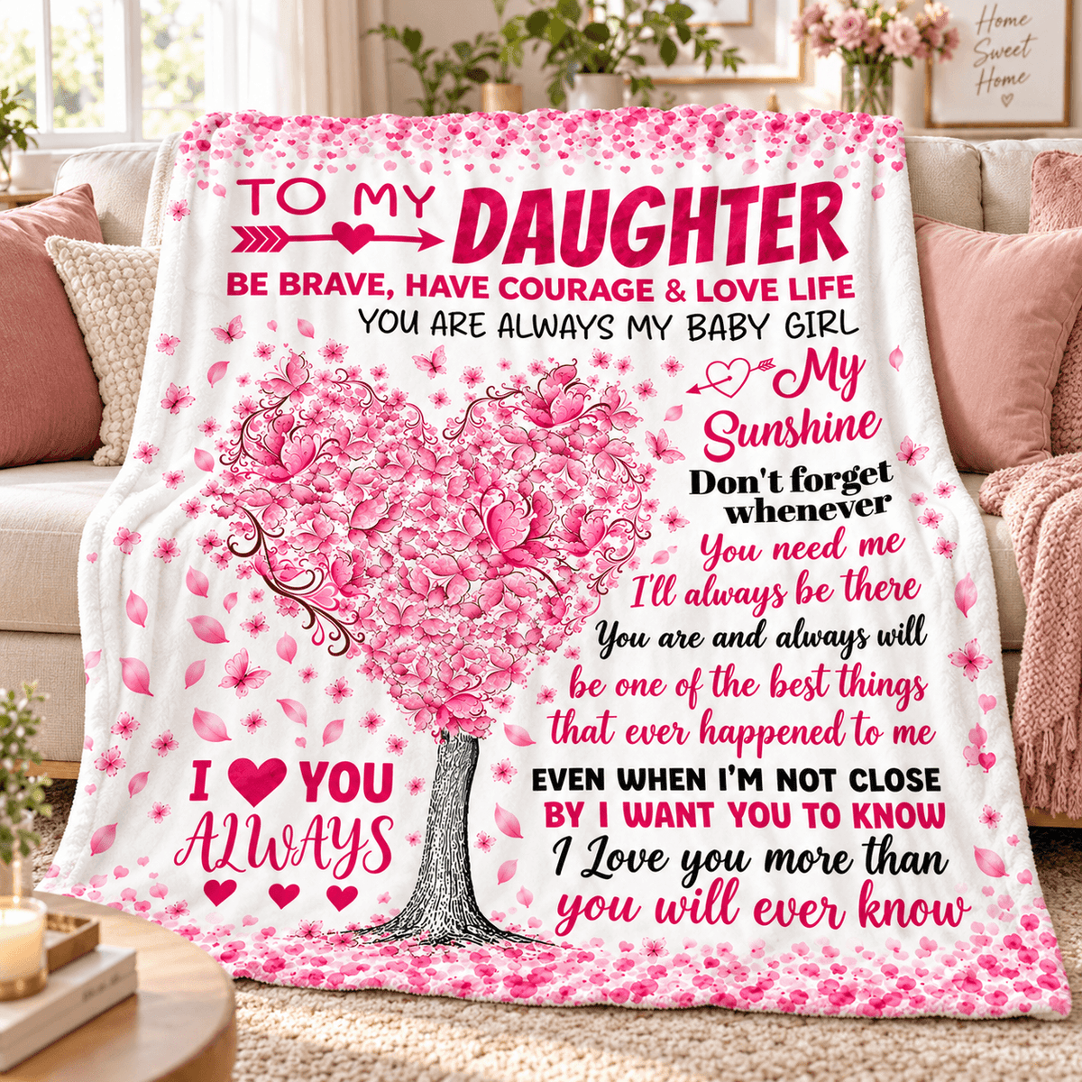 To My Daughter You'll Always Be My Baby Girl Blanket – Pink Heart Tree Cozy Plush Fleece Gift from Mom or Dad
