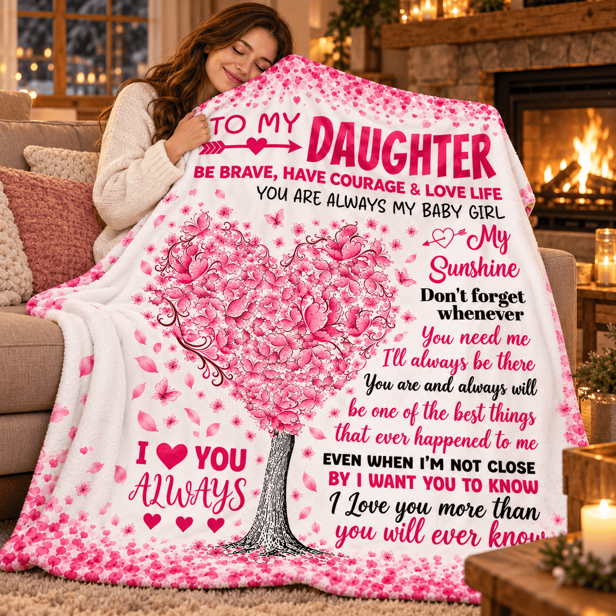 To My Daughter You'll Always Be My Baby Girl Blanket – Pink Heart Tree Cozy Plush Fleece Gift from Mom or Dad